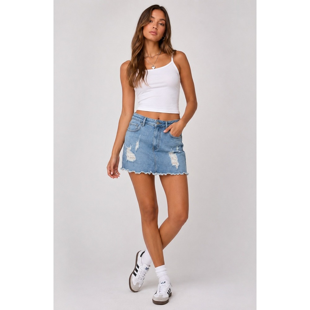 Forever 21 Micro Denim Jean Skirt Womens 28 Blue Light Wash Distressed Cut-off